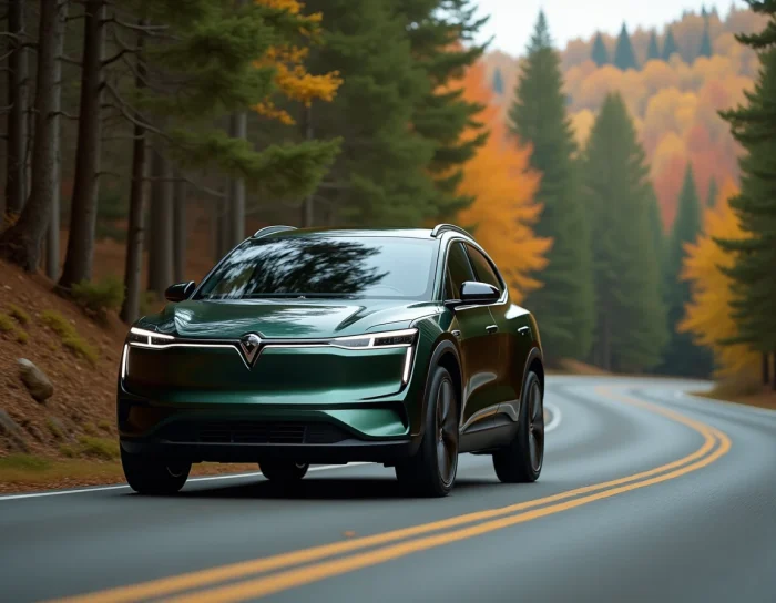 SUV électrique moderne en mouvement sur une route de montagne sinueuse entourée de forêt aux couleurs d'automne
