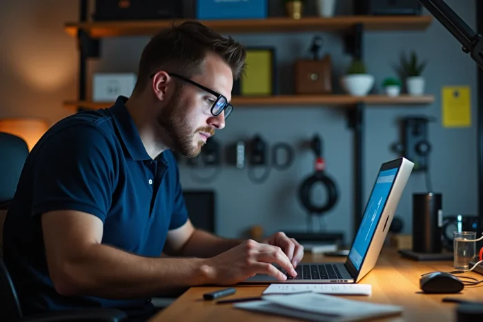 Technicien informatique analysant une erreur fatale sur un écran d'ordinateur portable dans un bureau à domicile