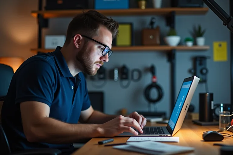 Technicien informatique analysant une erreur fatale sur un écran d'ordinateur portable dans un bureau à domicile