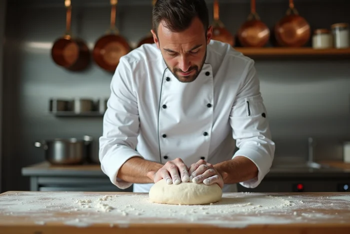 Chef professionnel pétrissant une pâte à pain artisanale sur une table en bois farinée dans une cuisine ouverte professionnelle