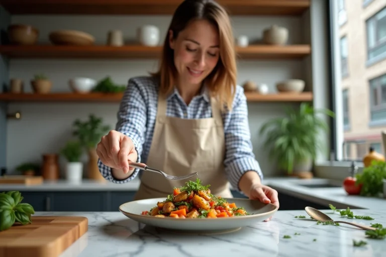 Femme cuisinant et dressant une assiette de légumes colorés dans une cuisine moderne aux étagères en bois et plan de travail en marbre