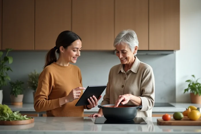 Deux femmes cuisinant ensemble dans une cuisine moderne, consultant une recette sur tablette près d'une plaque de cuisson avec une sauce mijotante