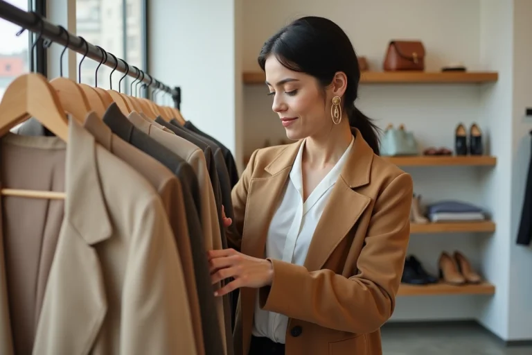Femme élégante en manteau camel parcourant un portant de vêtements dans une boutique de mode moderne