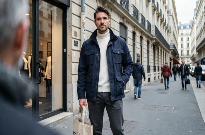 Homme stylé en veste utility marine portant une tenue tendance devant une boutique de mode dans une rue parisienne haussmannienne