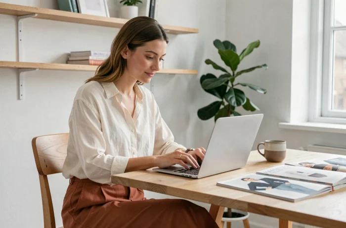 Jeune femme élégante en tenue tendance terracotta consultant les dernières tendances mode sur son ordinateur portable dans un appartement scandinave épuré