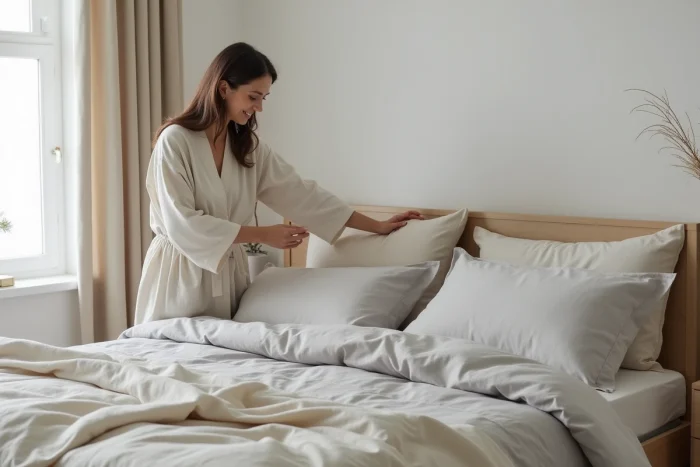 Lit soigneusement fait avec du linge de qualité en lin lavé et des rideaux en lin naturel au fond