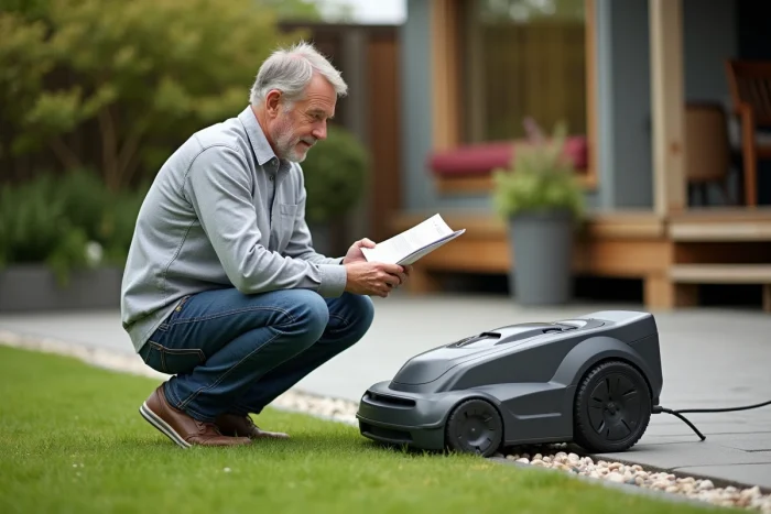 Homme consultant la notice du Husqvarna Automower 310 près de la station de recharge dans un jardin