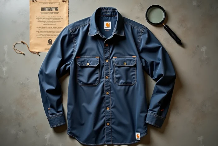Pose à plat d'une chemise Carhartt avec étiquette intérieure visible et outils d'authentification sur béton gris