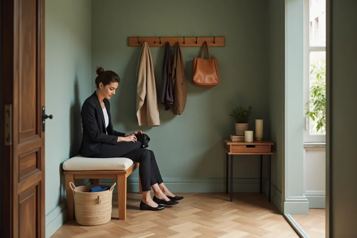 Zone de décompression aménagée à l'entrée d'un appartement avec banc en bois et rangements muraux